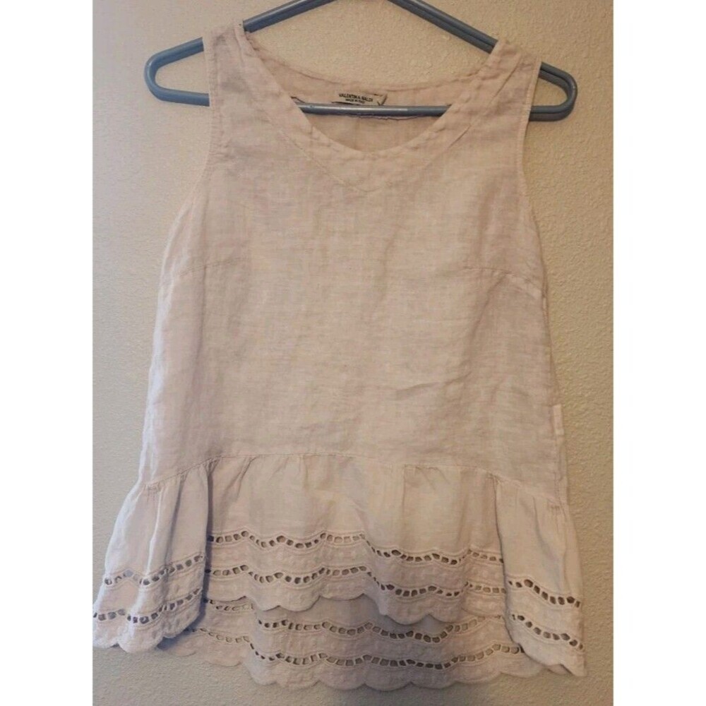 Valentina Naldi Beige 100% Linen Sleeveless Crochet Lace Top Size Small Scallop